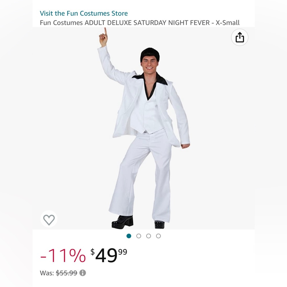 Brand new, never opened, “Saturday Night Fever” costume! Size men’s XL